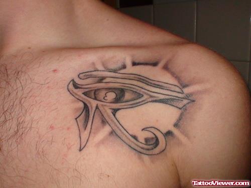 Sun And Egyptian Tattoo On Left Collarbone