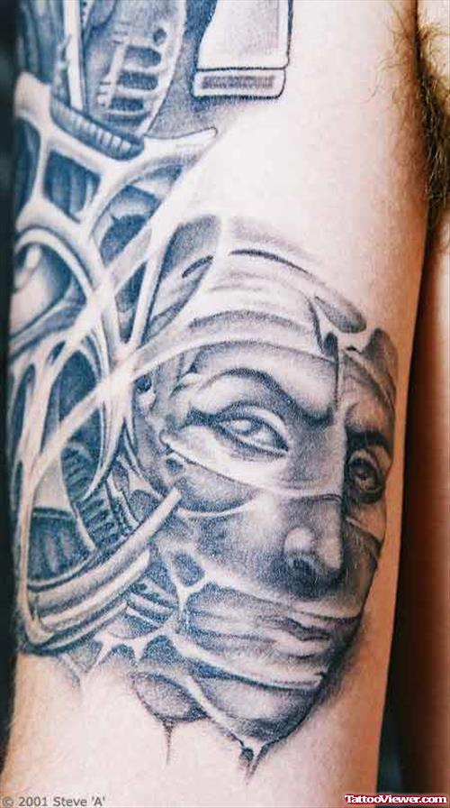 Grey Ink Biomechanical Egyptian Tattoo