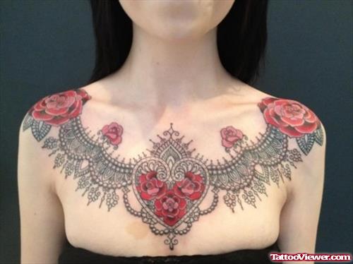 Egyptian Rose Flowers and  Geometric Tattoo On Girl chest