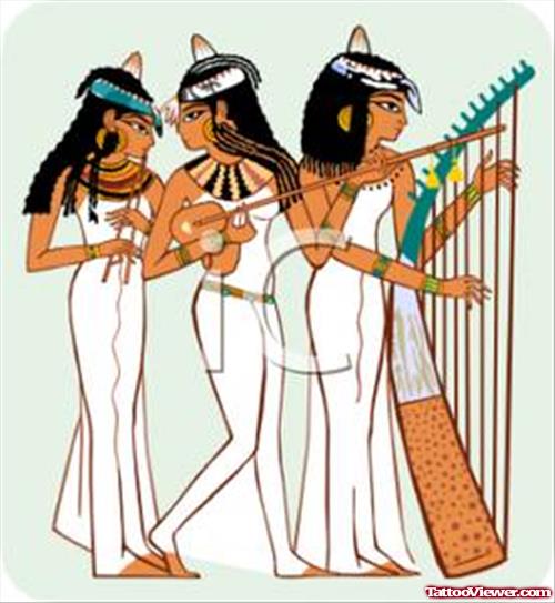 Egyptian Hieroglyphs Young Women Playing Musical Instruments Tattoo Design
