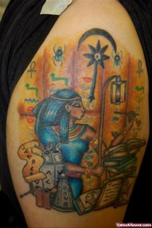 Awesome Colored Egyptian Tattoo On Half Sleeve