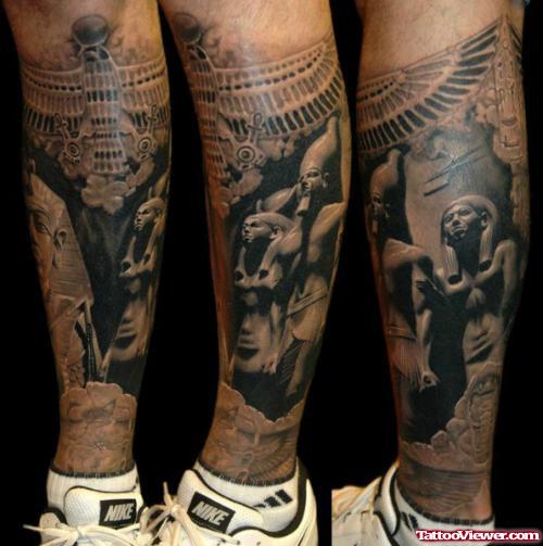 Attractive Grey Ink Egyptian Tattoo On Leg