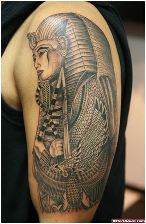 Grey Ink Egyptian Tattoo On Left Half Sleeve