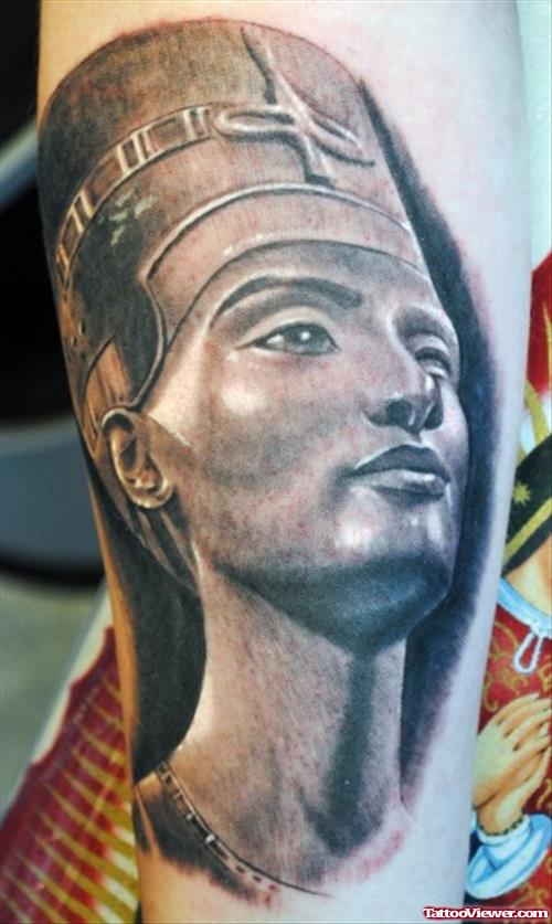 Grey Ink Ancient Egyptian Tattoo On Sleeve