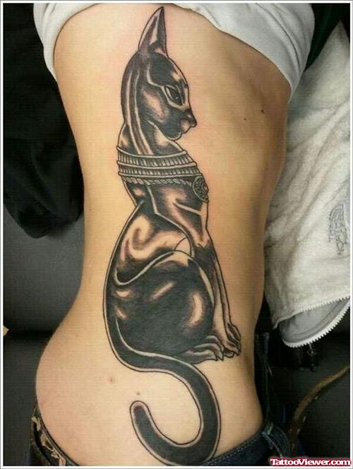 Black Egyptian Cat Tattoo On Side Rib