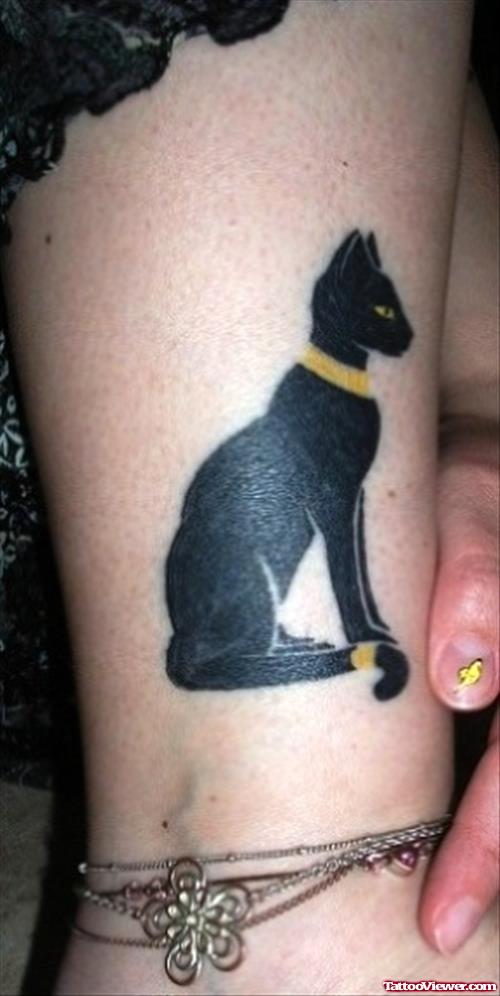 Black Egyptian Cat Bastet Tattoo On Leg