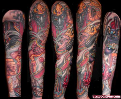 Awesome Colored Egyptian Tattoo On Sleeve