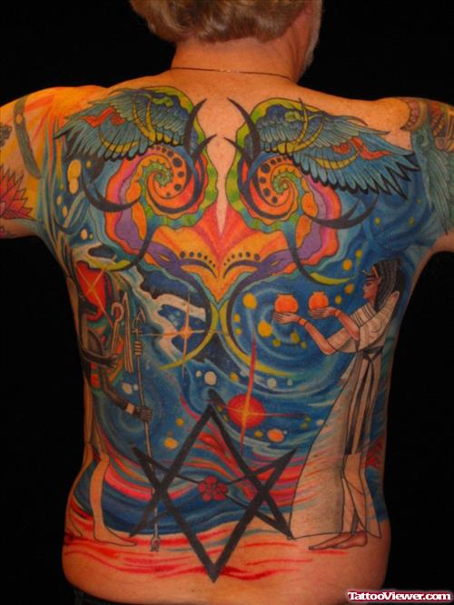 Awesome Colored Egyptian Tattoo On Back Body