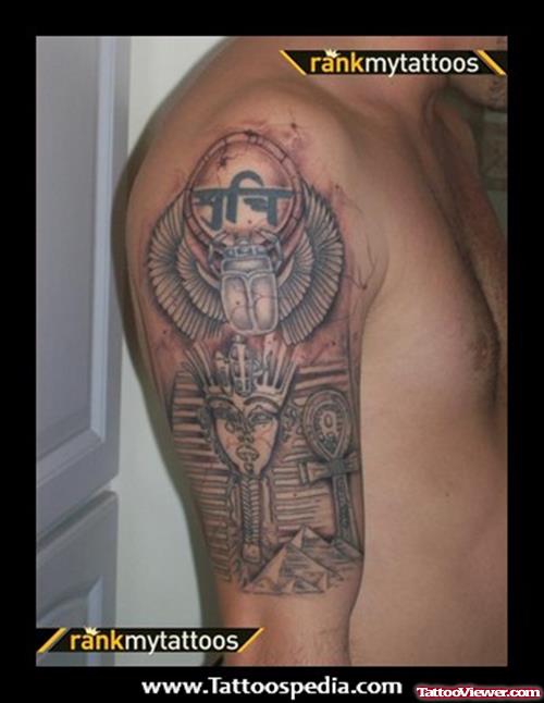 Attractive Grey Ink Egyptian Tattoo On Right Half Sleeve
