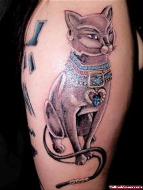Grey Ink Egyptian Cat Tattoo