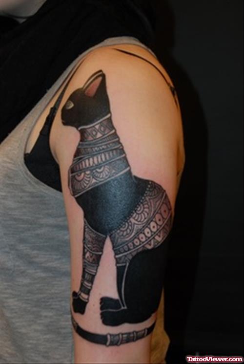 Beautiful Egyptian Bastet Tattoo On Left Half Sleeve