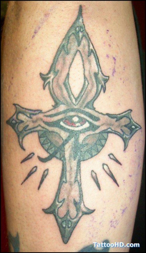 Egyptian Cross And Eye Tattoo On Sleeve