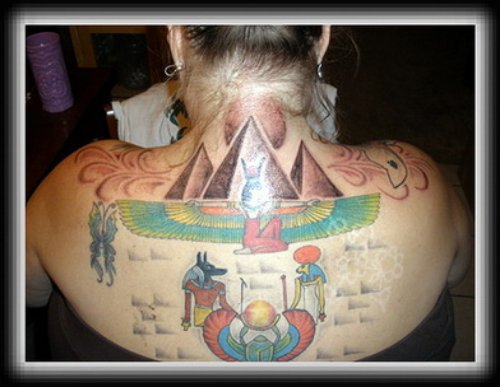 Beautiful Colored Egyptian Tattoo On Upperback