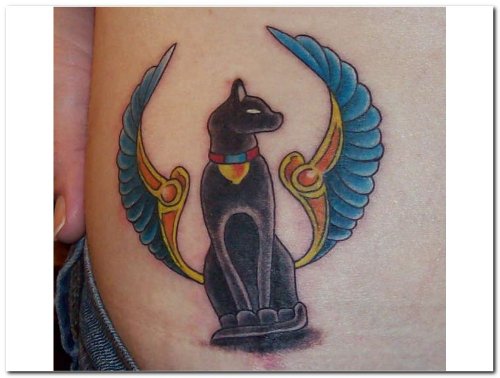 Blue Winged Egyptian Bastet Tattoo