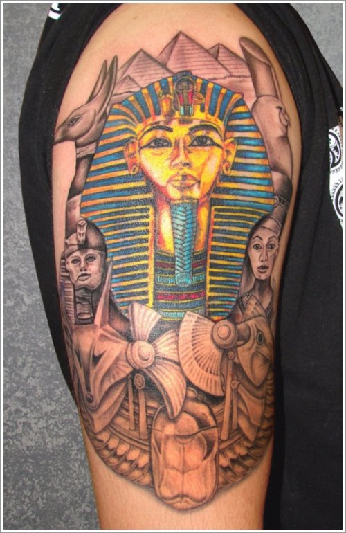 Color Egyptian Tattoo On Half Sleeve