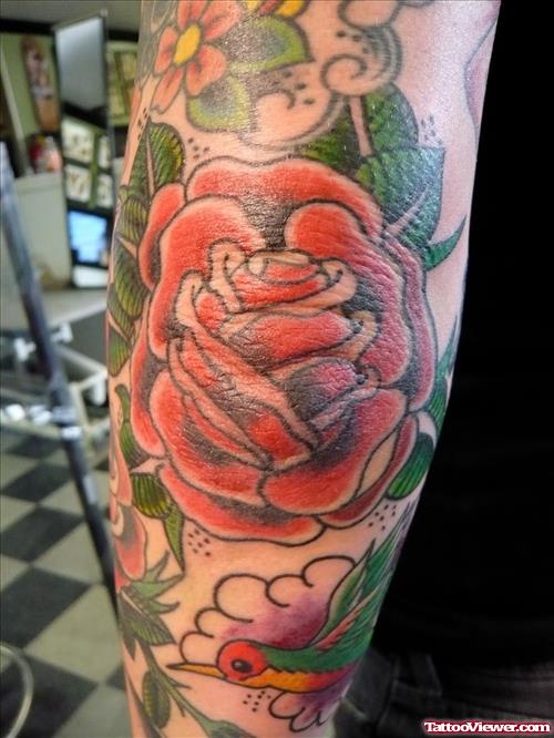 Red Rose Elbow Tattoo For Men