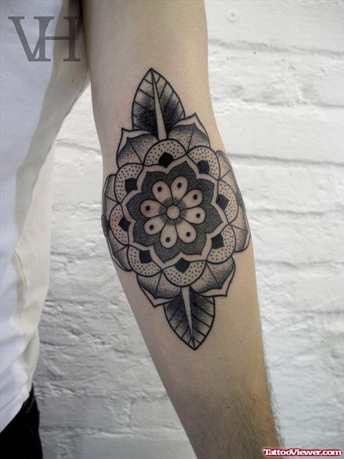 Grey Ink Mandala Flower Elbow Tattoo