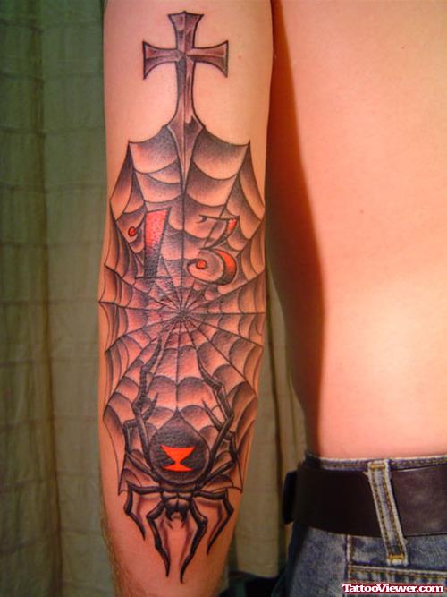 Grey Cross And Spider Web With Spider Elbow Tattoo