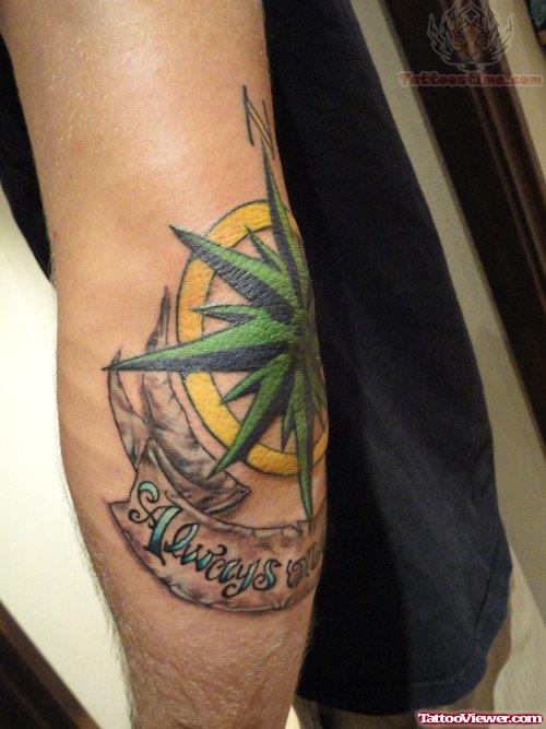 Compass And Banner Elbow Tattoo