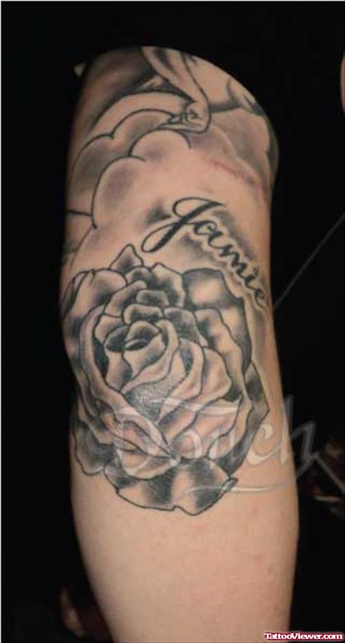 Beautiful Grey Ink Elbow Rose Tattoo