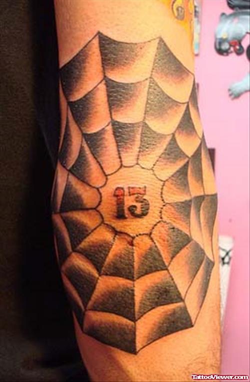 Spider Web With 13 Number Elbow Tattoo
