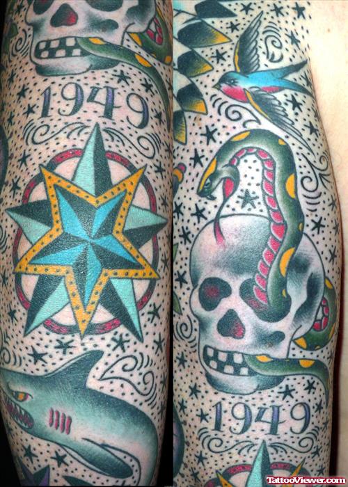 snake And Nautical Stars Elbow Tattoo