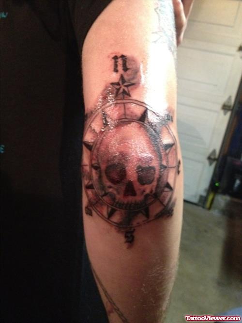 Skull Compass Elbow Tattoo