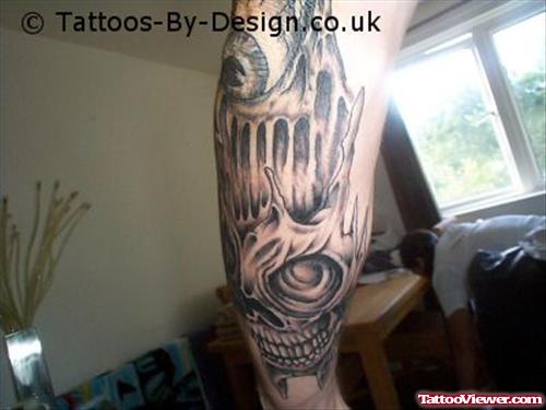 Grey Ink Zombie Skull Elbow Tattoo