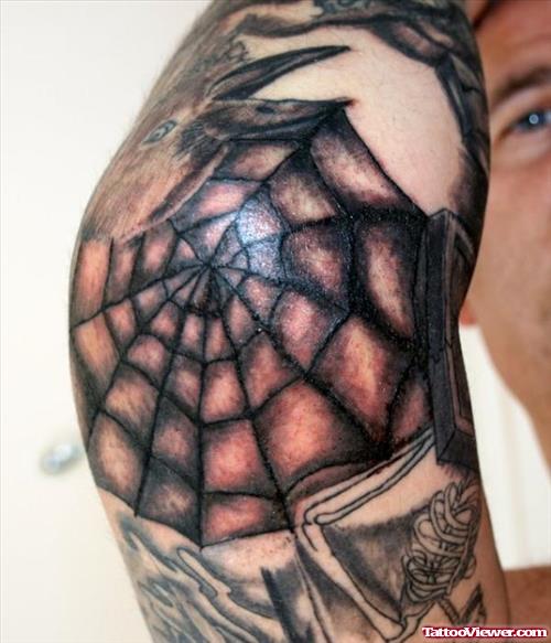 Dark Ink Elbow Spider Web Tattoo