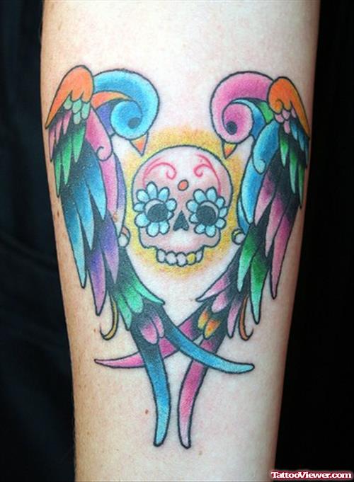 Colored Sugar Skull And Birds Elbow Tattoo