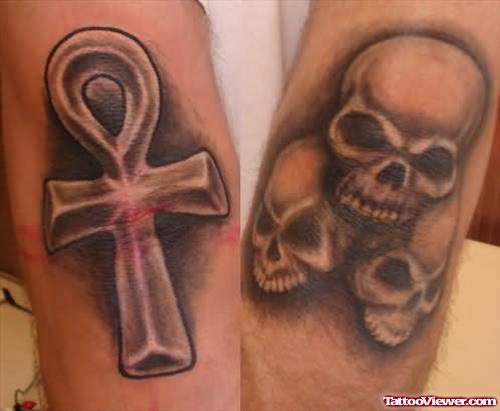 Ankh And skulls Elbow Tattoo