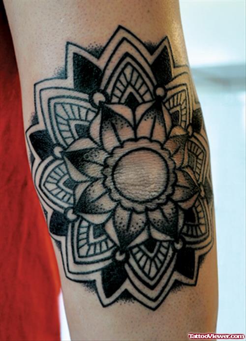 Grey Ink Mandala Elbow Tattoo
