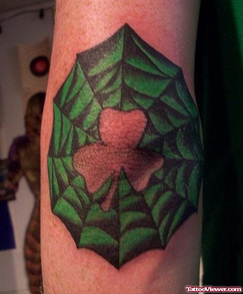 Green Spider Web And Clover Leaf Tattoo
