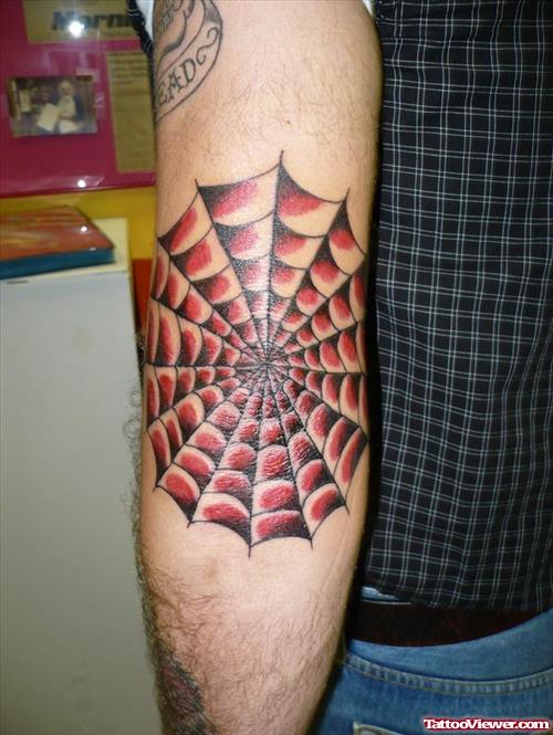 Colored Black And Red Spider Web Elbow Tattoo