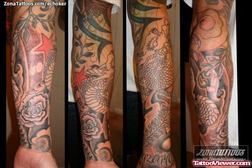 Tribal And Dragon Elbow Tattoo