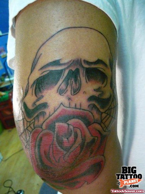 Grey Skull And Red Rose Elbow Tattoo