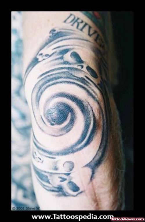 Grey Ink Spiral Elbow Tattoo