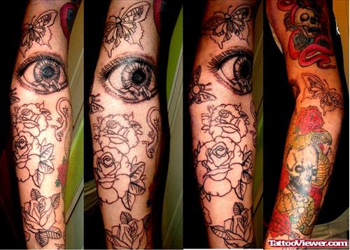 Grey Ink eye Elbow Tattoo