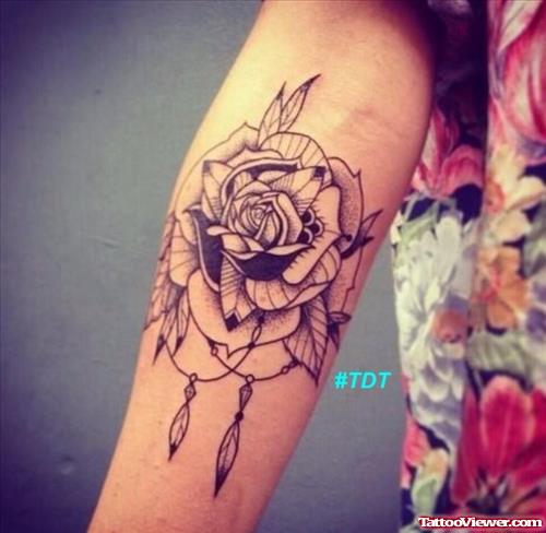 Cool Grey Rose Flower Elbow Tattoo
