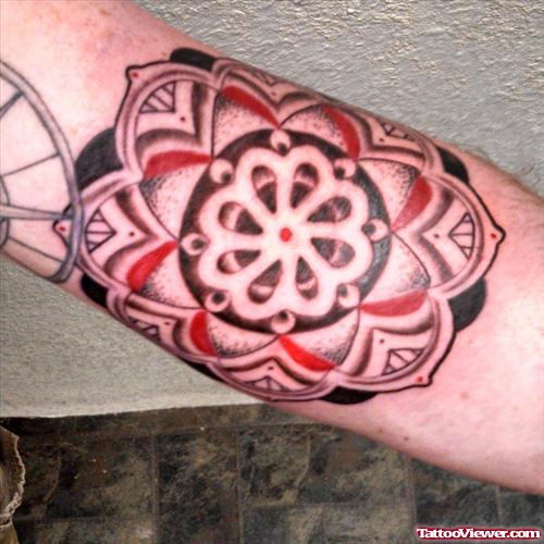 Colored Mandala Flower Elbow Tattoo