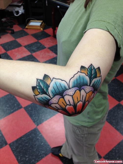Beautiful Colored Flower Elbow Tattoo