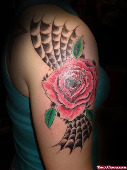 Spider Web and Rose Flower Elbow Tattoo