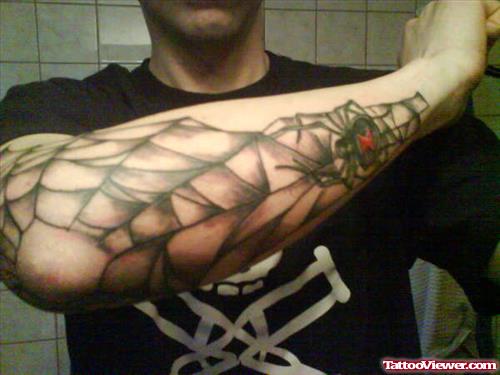 Spider And Spider Web Elbow Tattoo