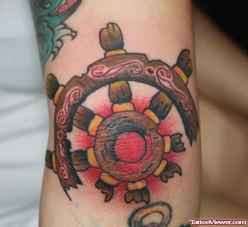 Ship Stering wheel Elbow Tattoo