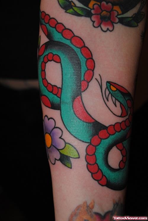 Red And Green Snake Elbow Tattoo