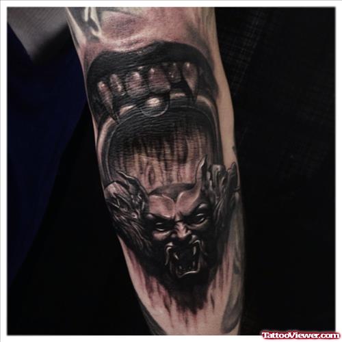 Grey Ink Demon Elbow Tattoo