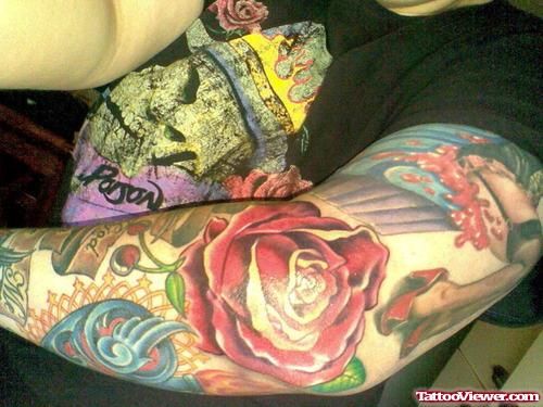 Awesome Red Rose Elbow Tattoo