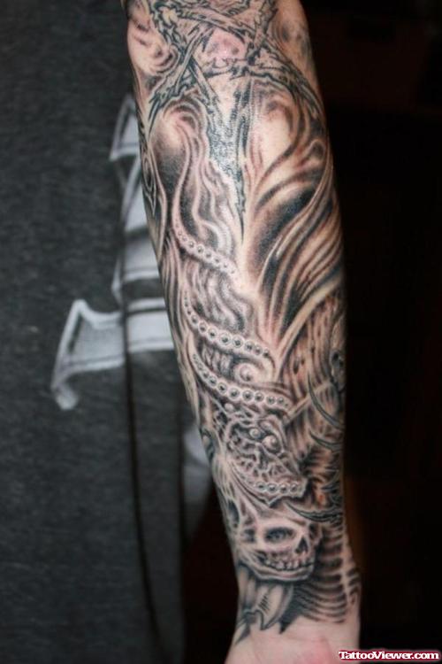Awesome Biomechanical Grey Ink Elbow Tattoo