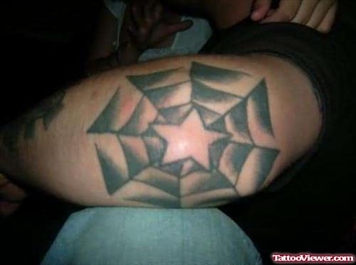Spider Web And Star Elbow Tattoo