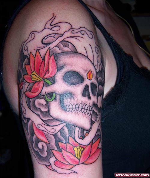 Grey Rose And Skull With Flower Elbow Tattoo
